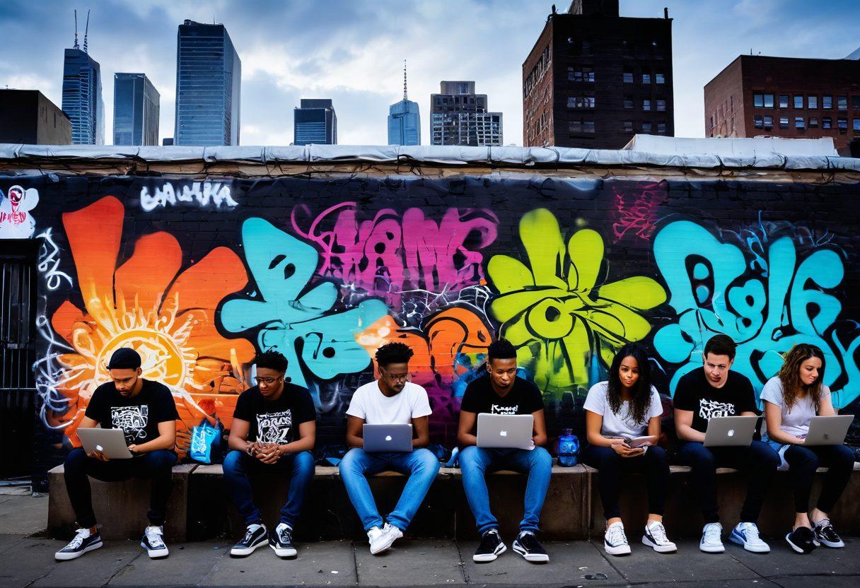 A dynamic urban scene featuring a diverse group of storytellers sharing their narratives on vibrant street art walls, surrounded by graffiti and neon lights. Include elements like laptops, notebooks, and cameras to represent creative blogging, with a skyline of a bustling city in the background. Capture the essence of authenticity, resilience, and inspiration in the atmosphere. super-realistic. vibrant colors. urban art style.