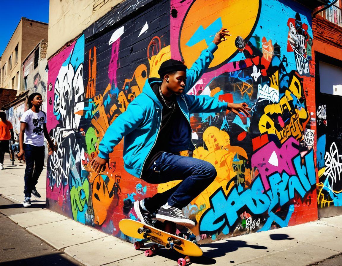 An urban collage featuring diverse young people engaging in various street cultures, such as skateboarding, graffiti art, and music. Incorporate vibrant colors with elements like graffiti walls, street art, and musical instruments in a dynamic, energetic composition. The setting should be a lively city street, capturing a sense of youthful rebellion and creativity. super-realistic. vibrant colors. 3D.