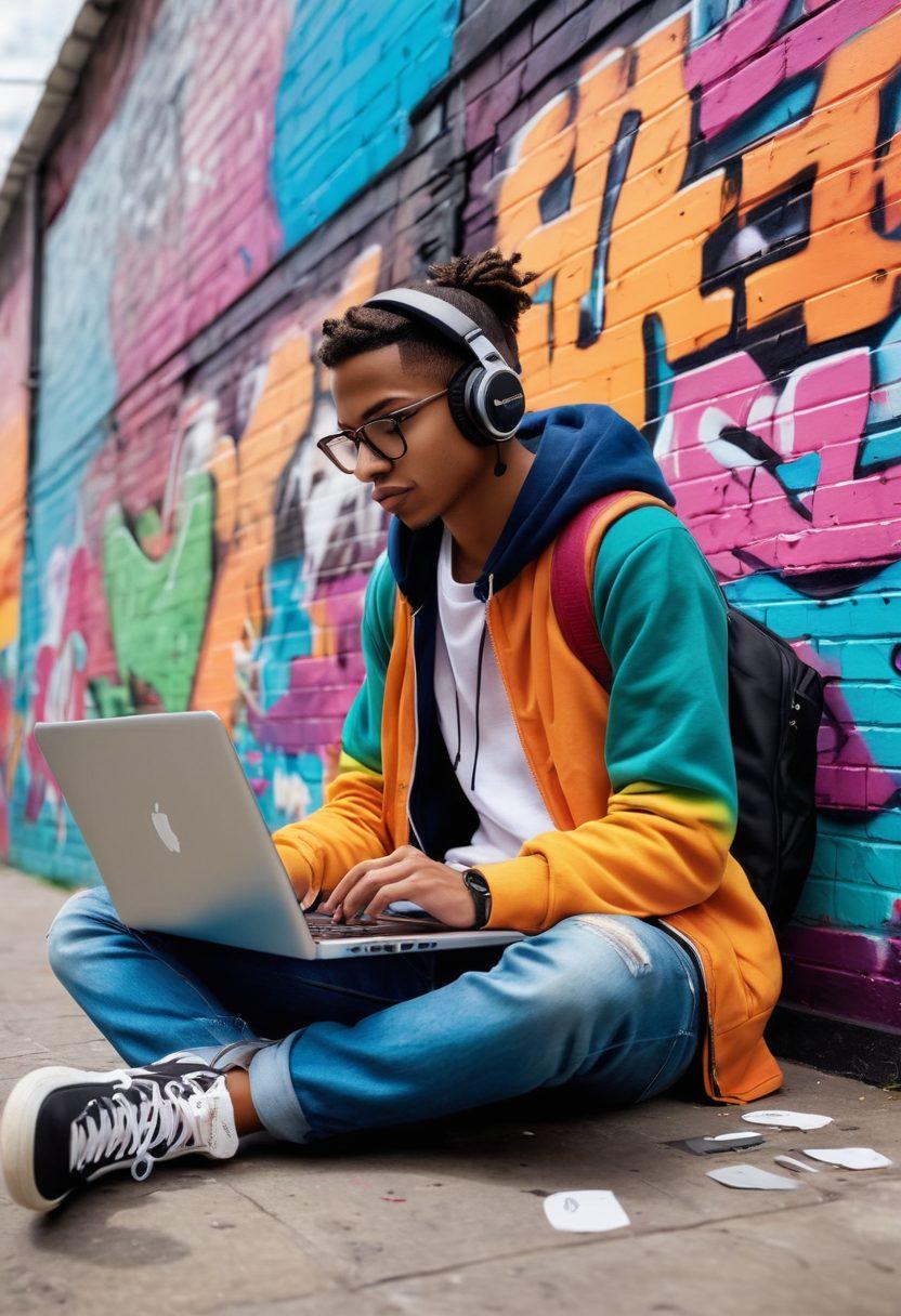 A vibrant urban landscape showcasing a graffiti-art covered wall, with a confident individual typing on a laptop in the foreground. The scene captures the essence of street culture, blending creativity and technology with colorful streetwear fashion. Include elements like skateboards and music notes floating in the air to symbolize freedom and expression. super-realistic. vibrant colors. urban style.